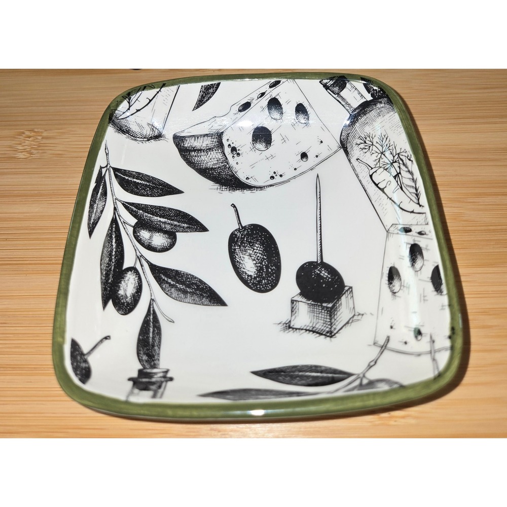 CMG Portugal Square Appetizer Plate Olive Cheese Wine Sketch Green Trim 5.25in